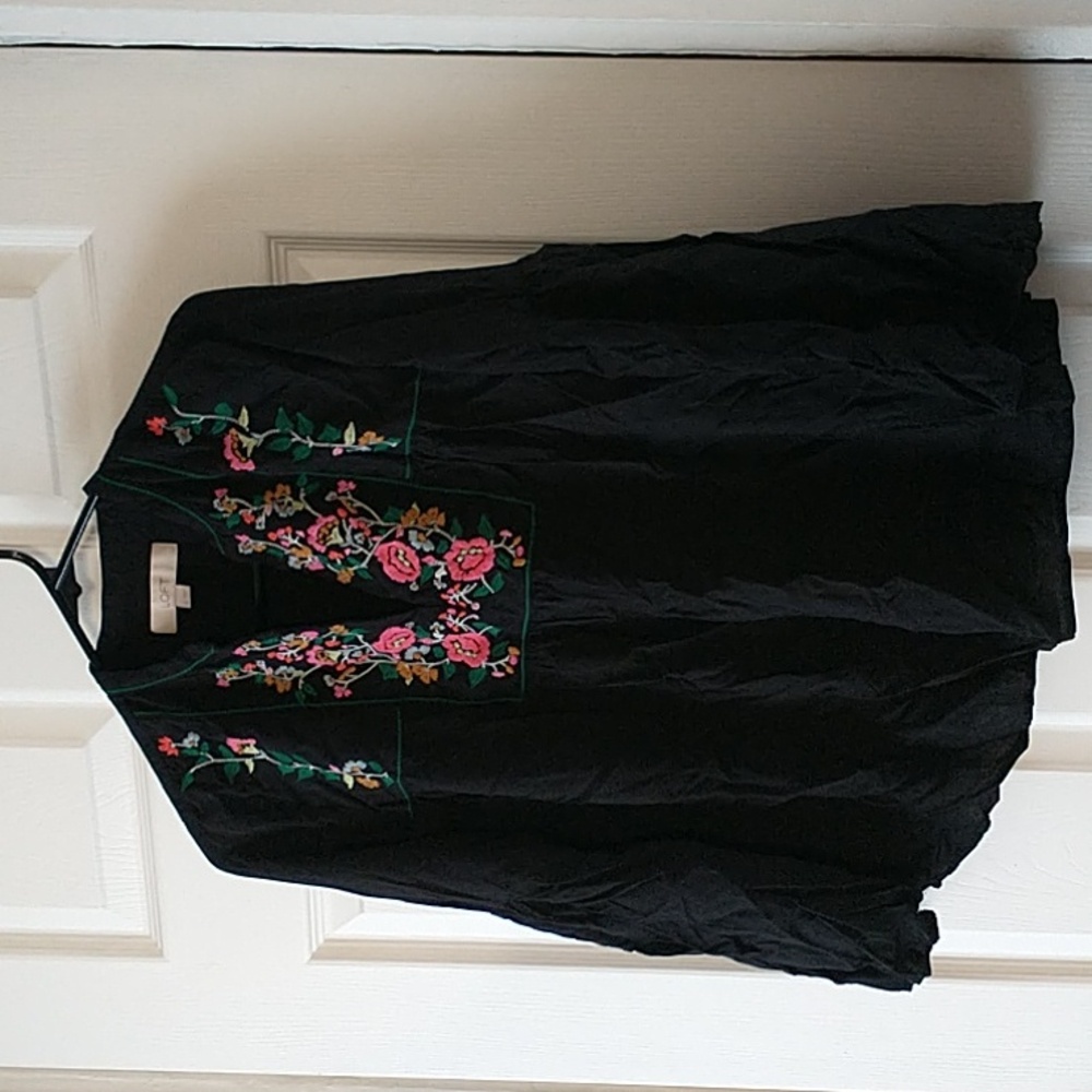 Loft Floral Embroidered Split Neck Bell Sleeve Black Blouse Size S